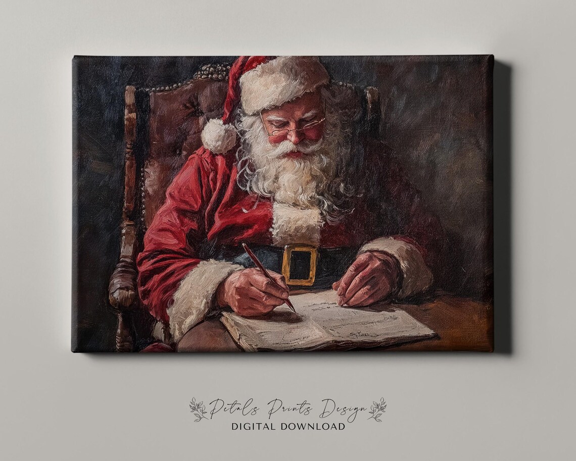 Santa Checking Naughty Nice List Vintage Oil Painting Christmas Poster - Image 4