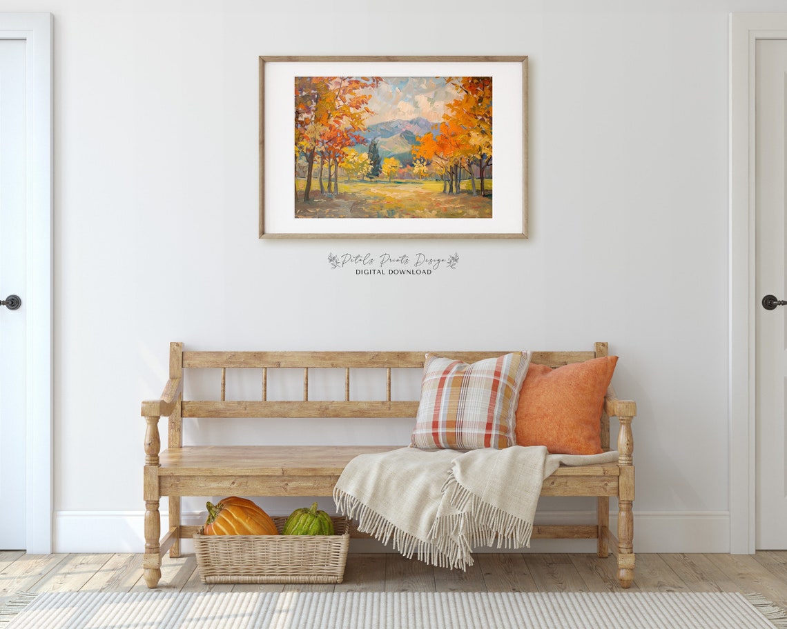 Autumn Meadow Mountain Valley Oil Painting Fall Landscape Art Print - Image 3