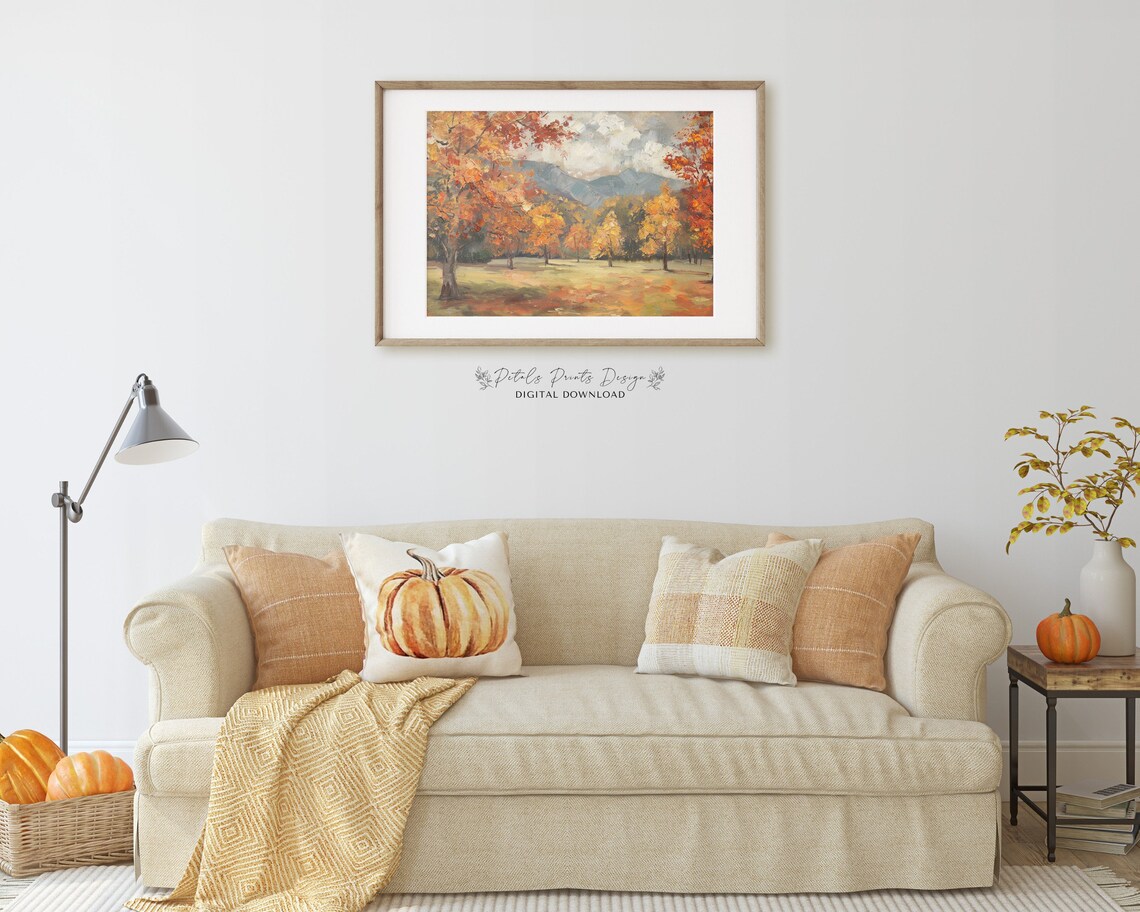 Moody Autumn Forest Mountains Oil Painting Vintage Fall Art Print - Image 2