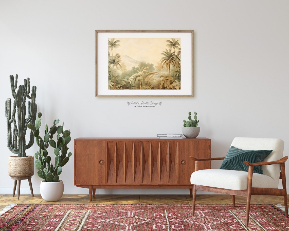 Vintage Palm Jungle Mountains Beige Green Classic Landscape Poster - Image 2