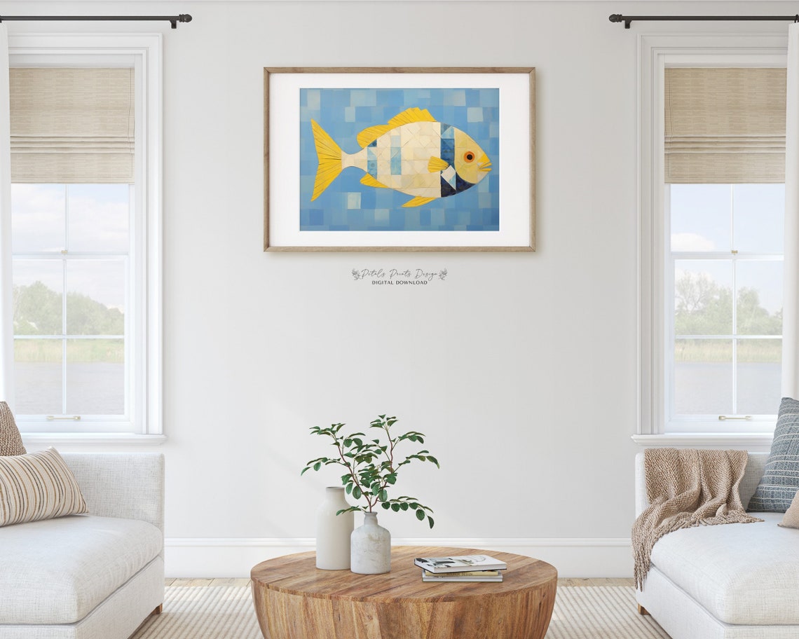 Modern Yellow Blue Geometric Mosaic Fish Tile Coastal Art Poster - Image 2