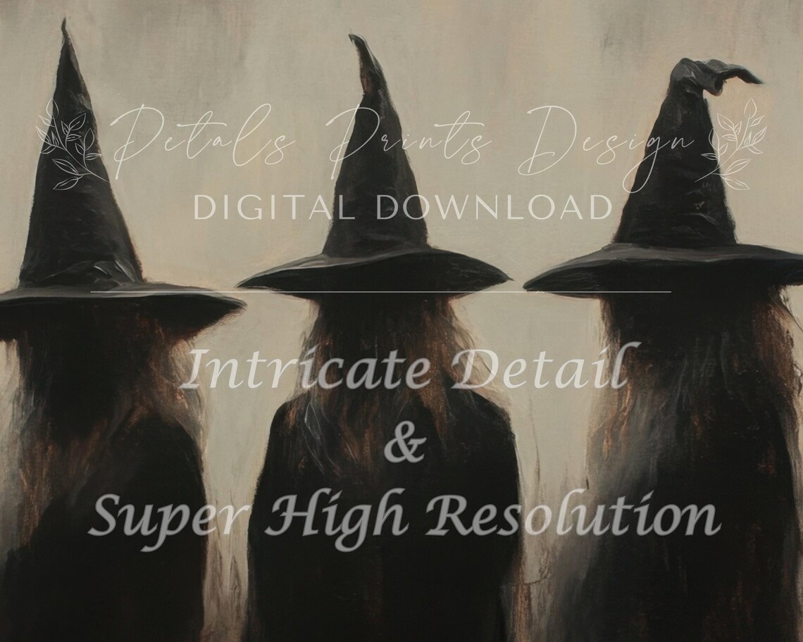 Three Witch Silhouettes in Mist Dark Moody Vintage Halloween Art Poster - Image 2