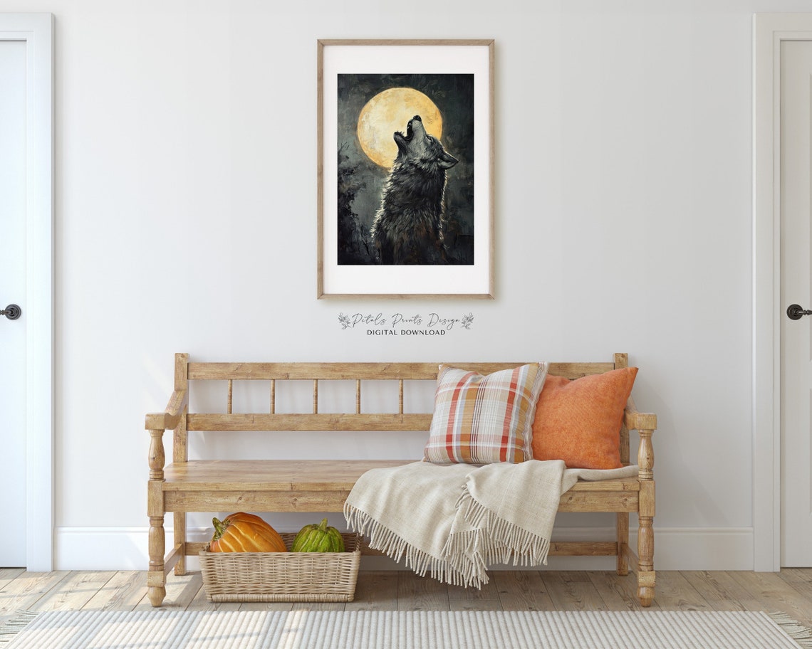 Howling Wolf Under Golden Full Moon Dark Night Painting Poster - Image 3