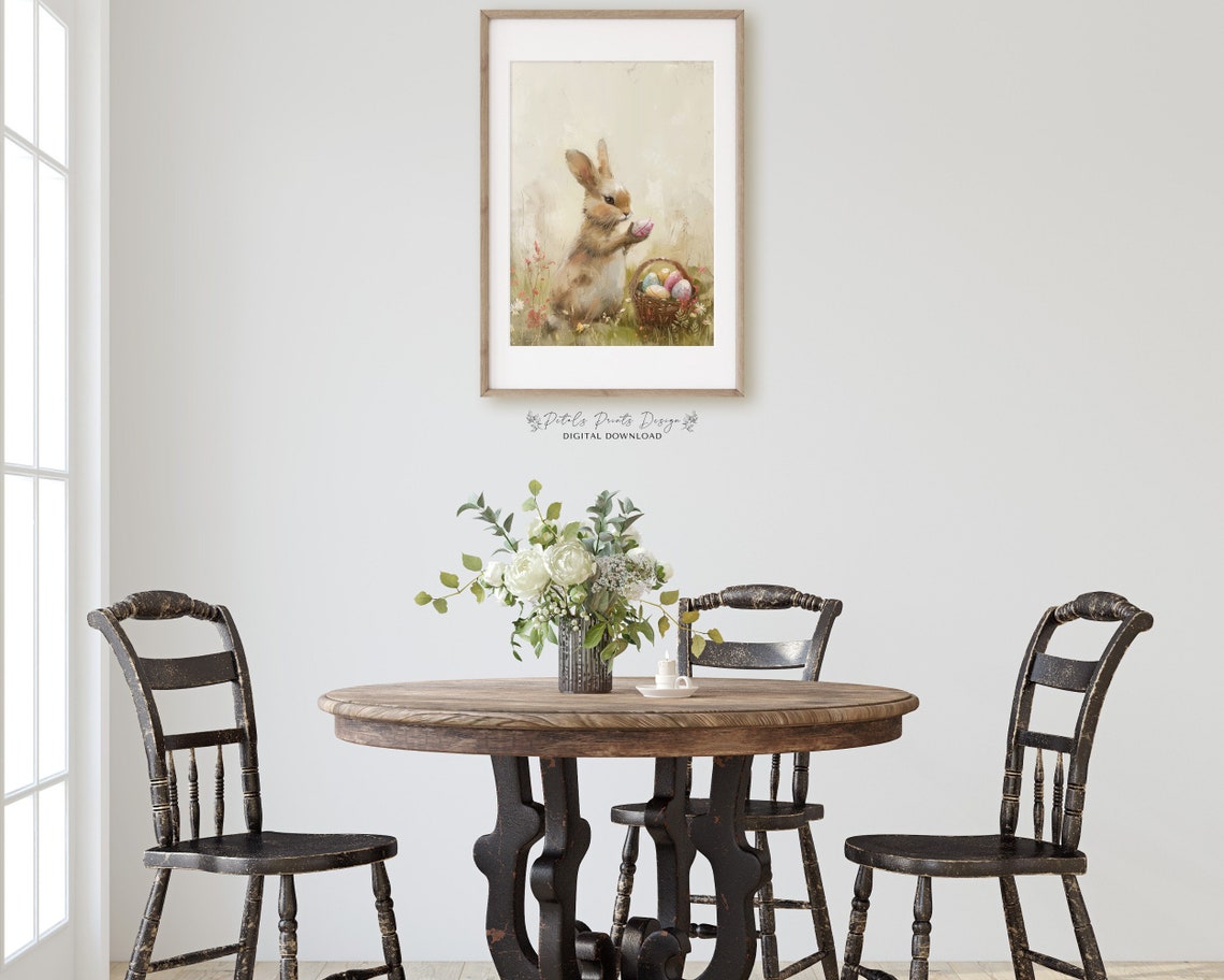 Cute Bunny Holding Painted Easter Egg Beside Basket Art Poster - Image 3