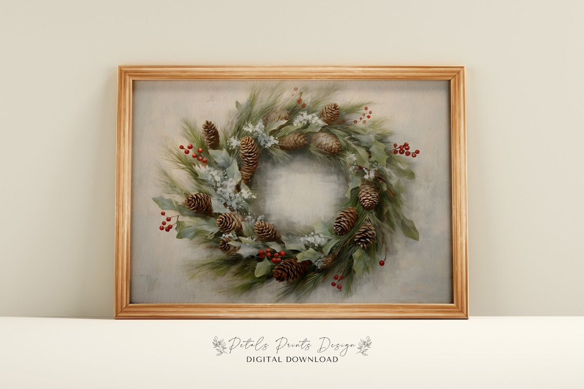 Christmas Wreath Still Life, Vintage Holiday Art Print