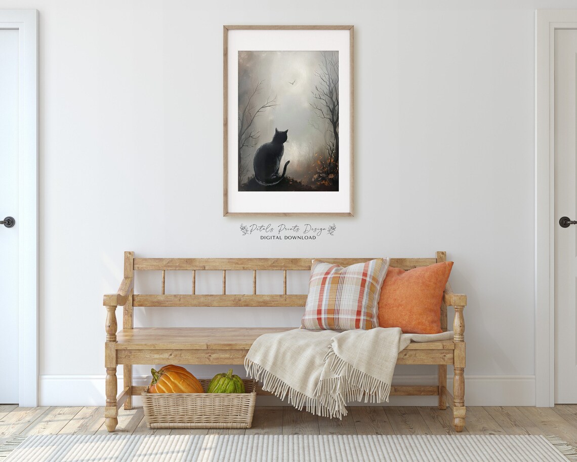 Black Cat Misty Dark Forest Silhouette Haunting Autumn Art Print - Image 3