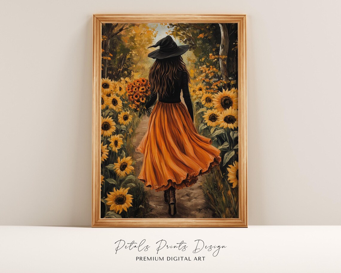 Vintage Witch Sunflower Poster, Spooky Halloween