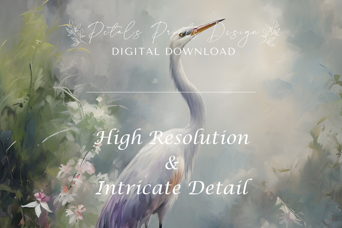White Egret Standing in Water Among Flowers Misty Wetland Poster - Image 3