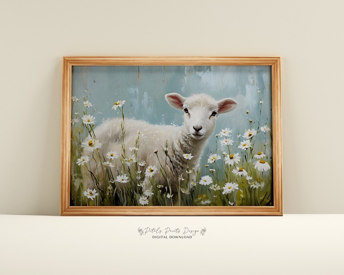 White Lamb Standing in Daisy Field Spring Floral Farm Animal Poster
