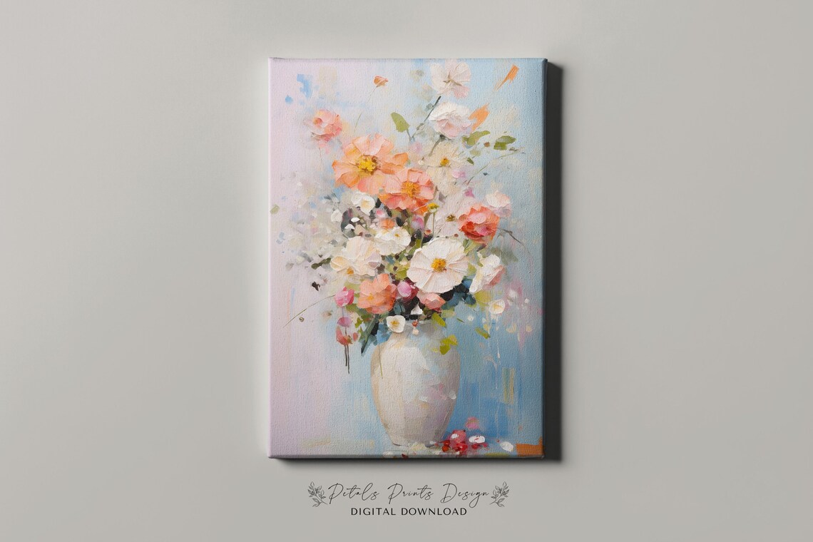 Pink Cosmos Bouquet in White Vase Soft Blue Floral Still Life Poster - Image 4