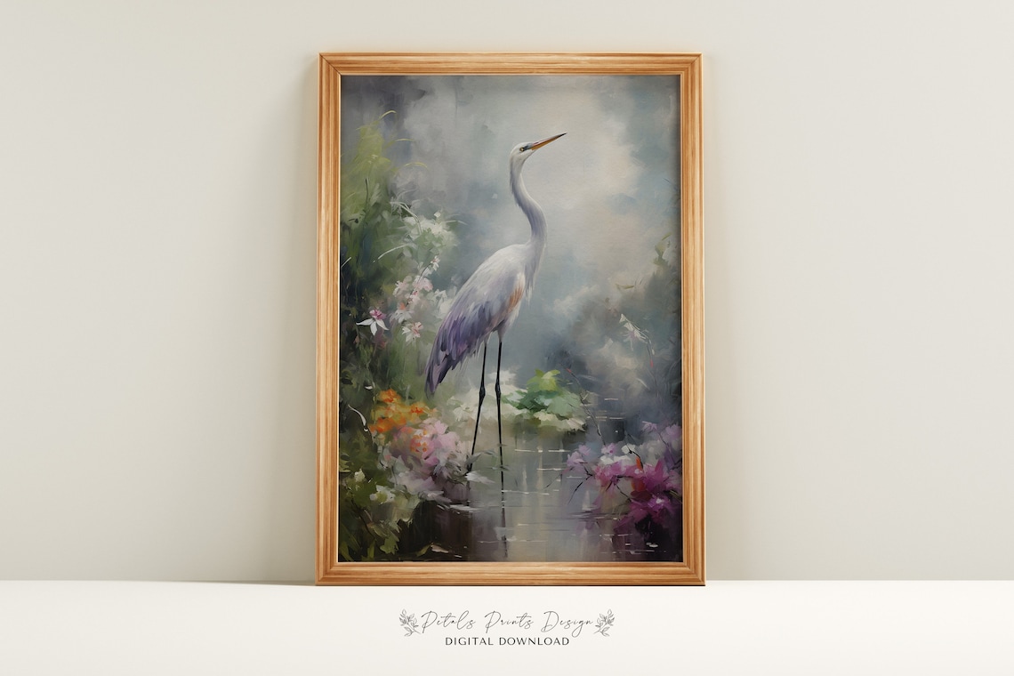 White Egret Standing in Water Among Flowers Misty Wetland Poster