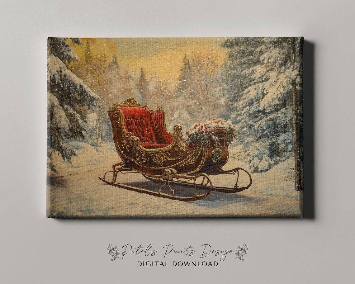 Vintage Red Sleigh In Snowy Forest Christmas Winter Painting Poster - Image 4