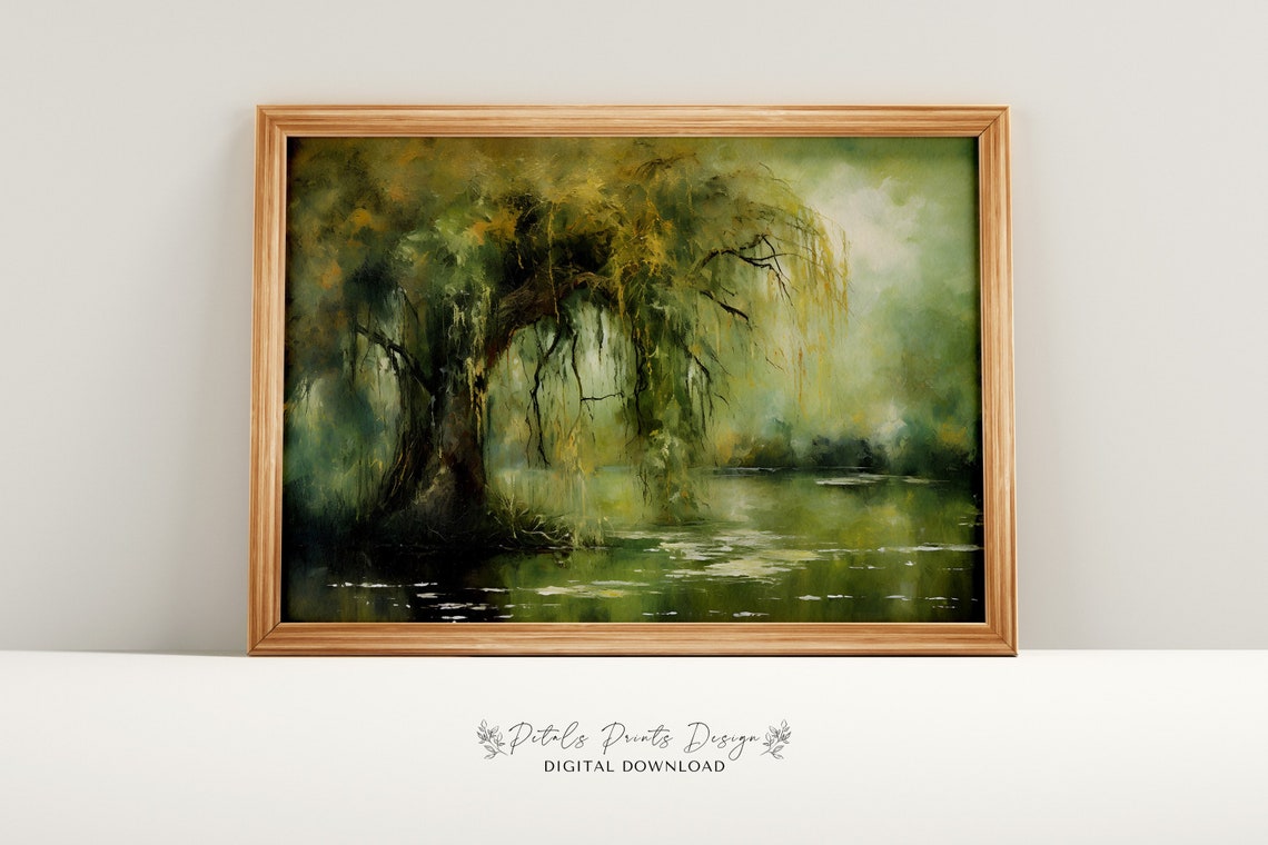 Grand Willow Tree Leaning Over Pond Golden Green Scene Poster
