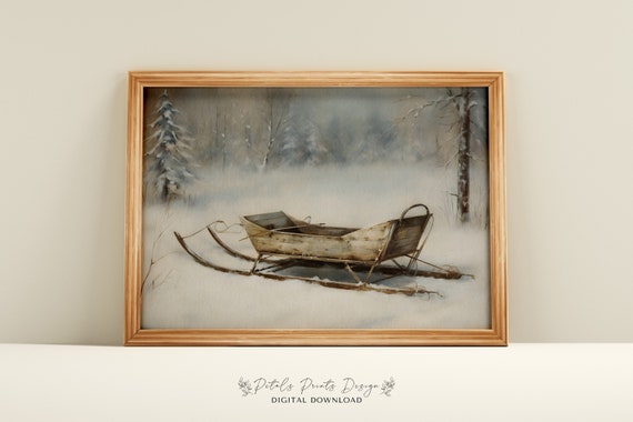Christmas Sleigh Still Life, Rustic Vintage Art Print