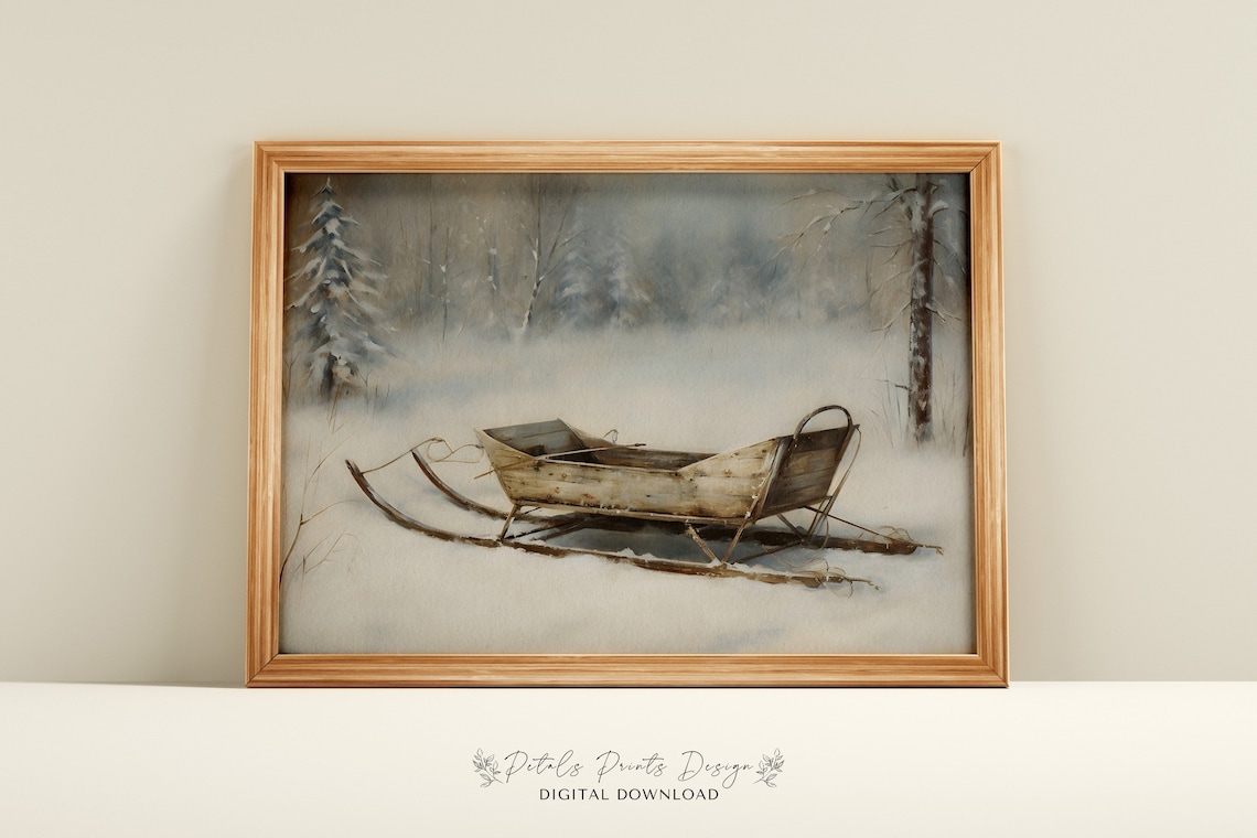 Christmas Sleigh Still Life, Rustic Vintage Art Print