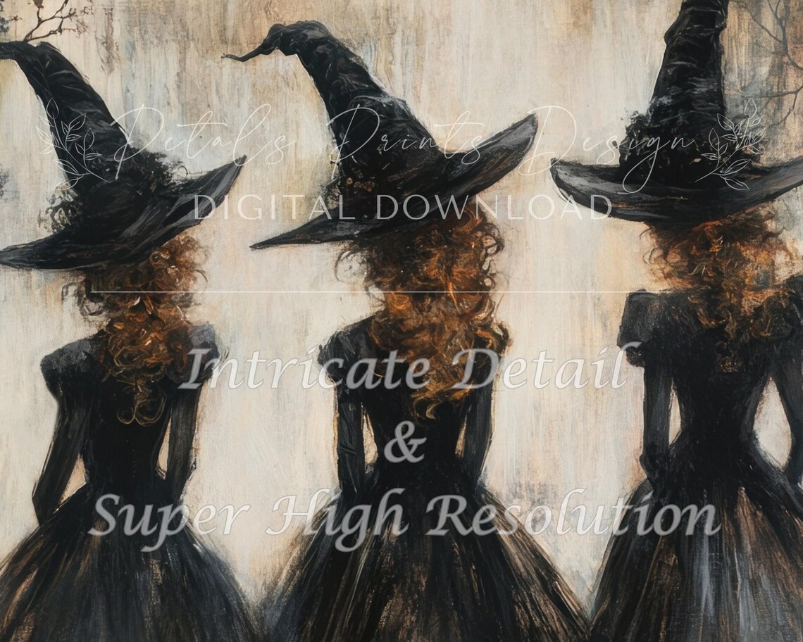 Three Witches from Behind in Black Gowns Vintage Halloween Art Poster - Image 2
