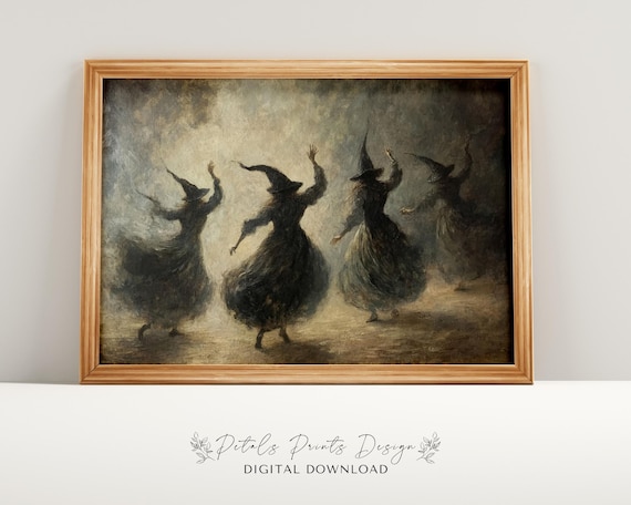 Dancing Witches Circle Spell Spooky Vintage Halloween Painting Poster