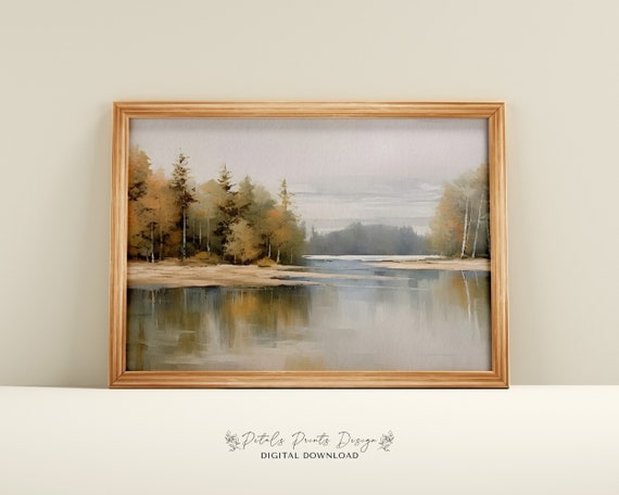 Vintage Landscape Oil Painting Vintage Landscape Print Rustic Lakeshore Landscape Painting Nature Lake Able