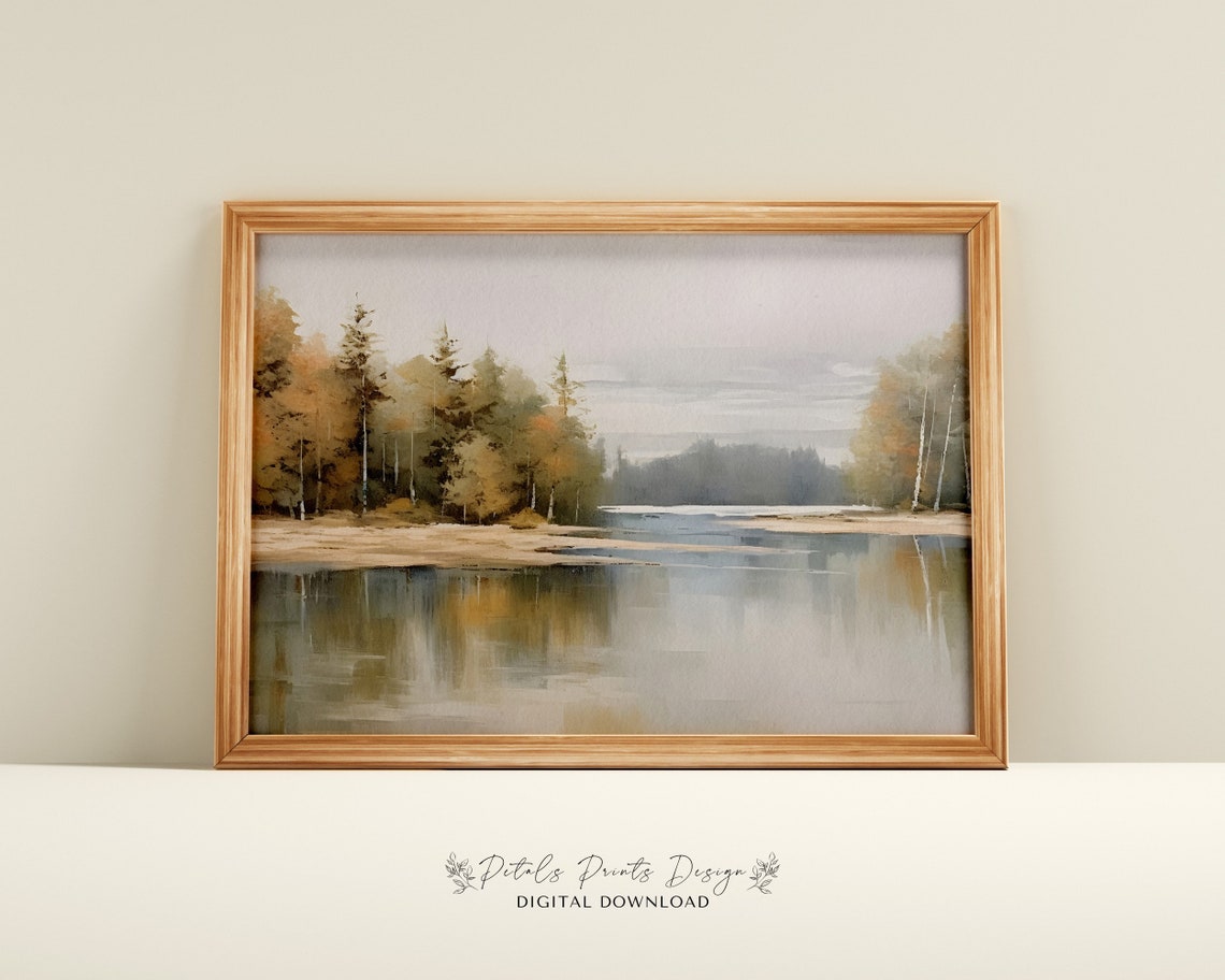 Autumn Lakeside Trees Calm Water Reflection Fall Landscape Poster