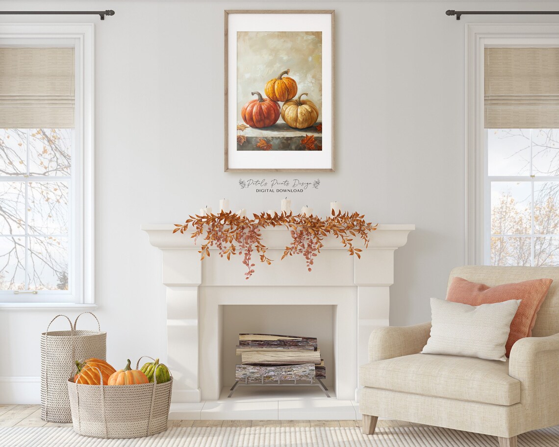 Autumn Pumpkin Trio Still Life Vintage Fall Harvest Art Print - Image 2