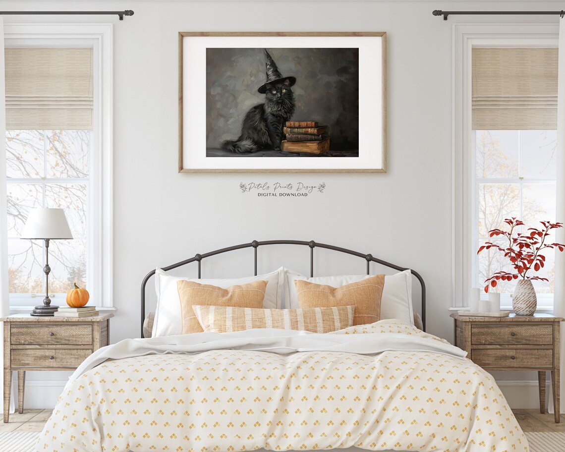 Black Cat Wearing Witch Hat Beside Old Books Halloween Poster - Image 2