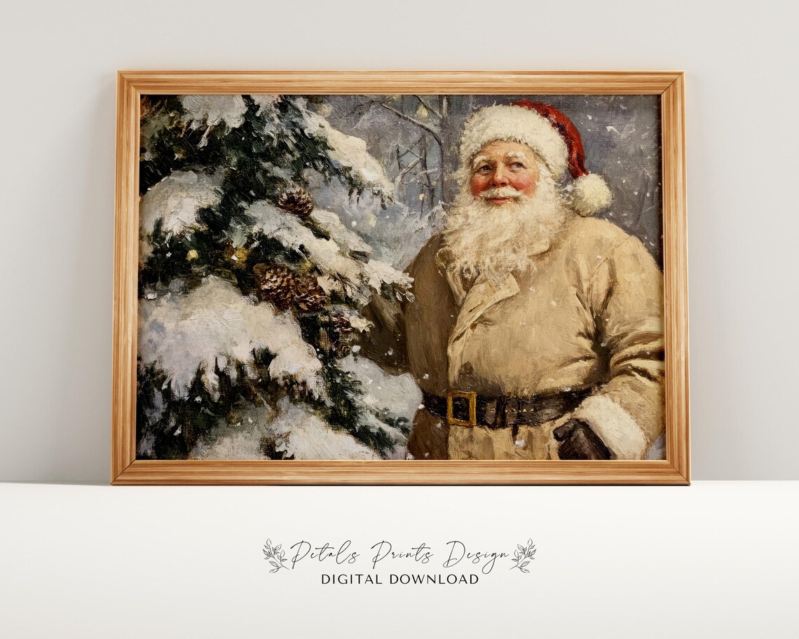 Santa Claus in Neutral Coat by Snowy Pine Rustic Vintage Art Poster