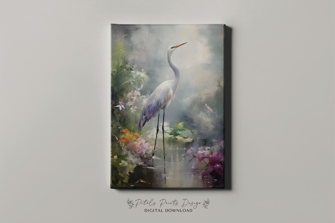 White Egret Standing in Water Among Flowers Misty Wetland Poster - Image 4