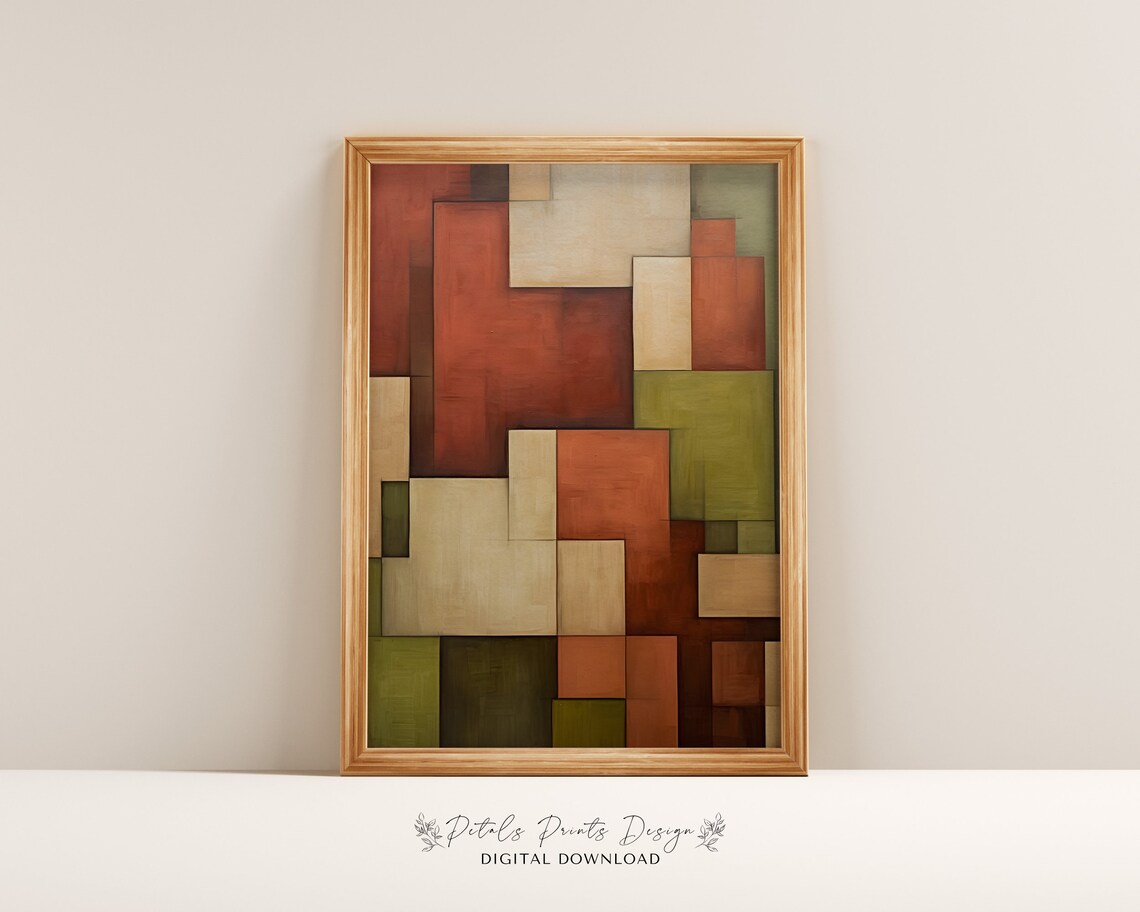 Rust Olive Block Cubist Abstract Earth Tone Geometric Art Poster