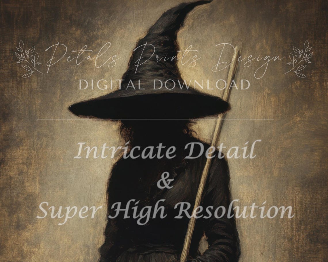 Shadowy Witch With Broom Moody Dark Academia Halloween Wall Art - Image 2
