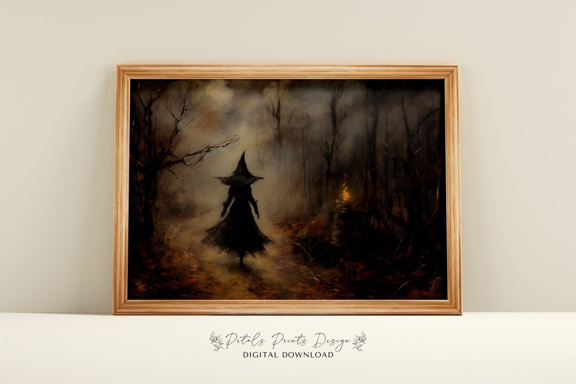 Witch Silhouette Dark Forest Lantern Glow Vintage Halloween Poster