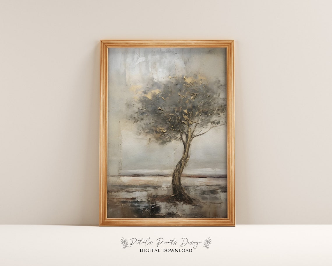 Gilded Lone Tree Misty Lake Vintage Neutral Landscape Wall Art