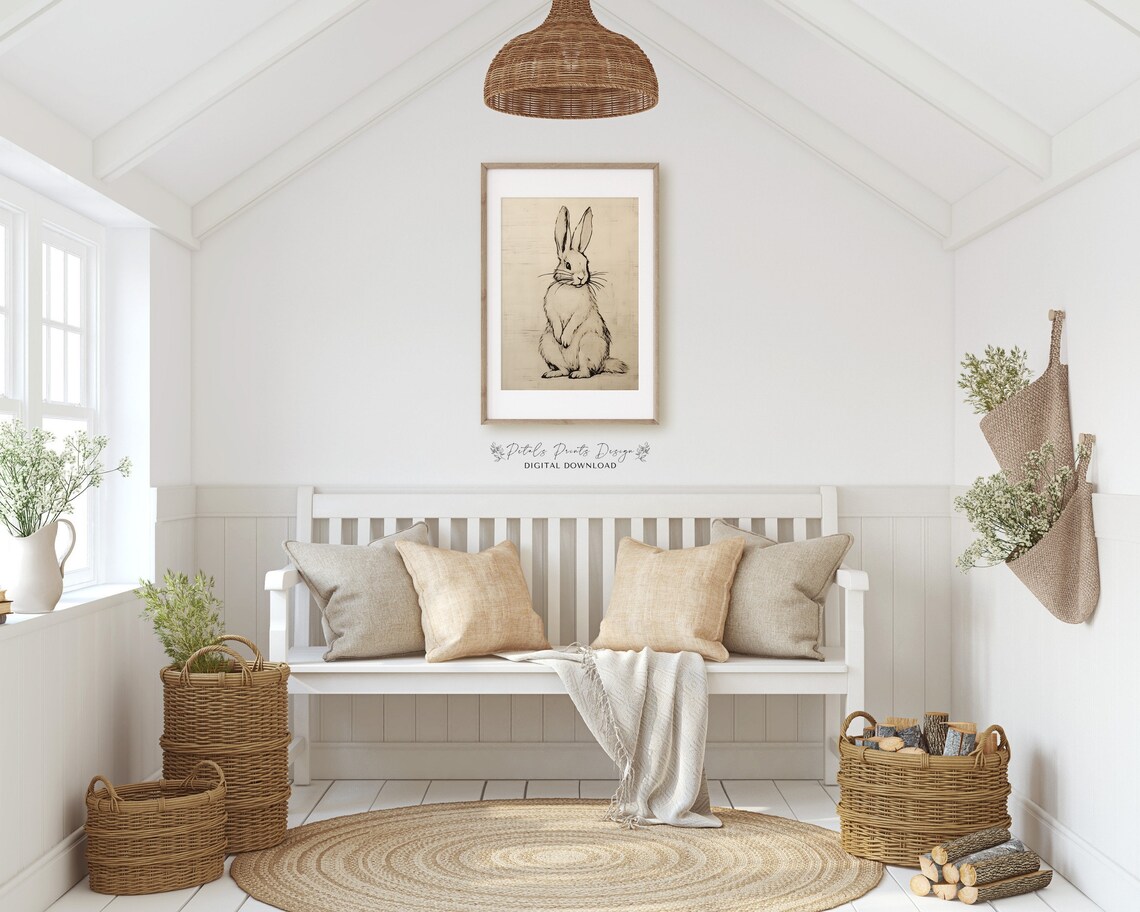 Vintage Rabbit Muted Green Wall Art Print - Image 3