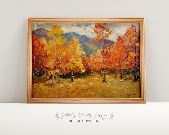 Vibrant Autumn Trees Blue Mountain Oil Painting Fall Landscape Art Print