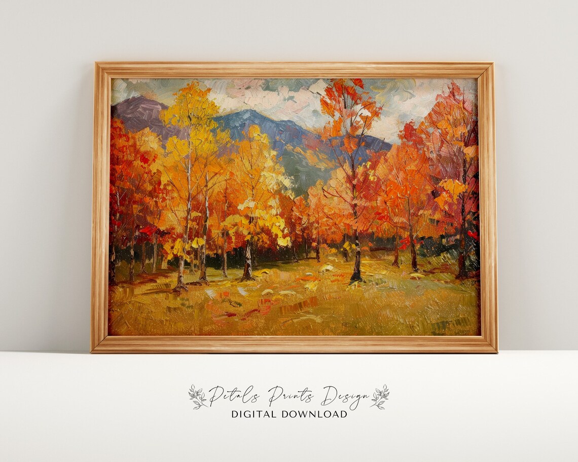 Vibrant Autumn Trees Blue Mountain Oil Painting Fall Landscape Art Print