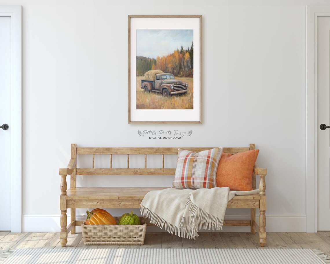 Vintage Farm Truck With Hay In Autumn Field Rustic Painting Poster - Image 3