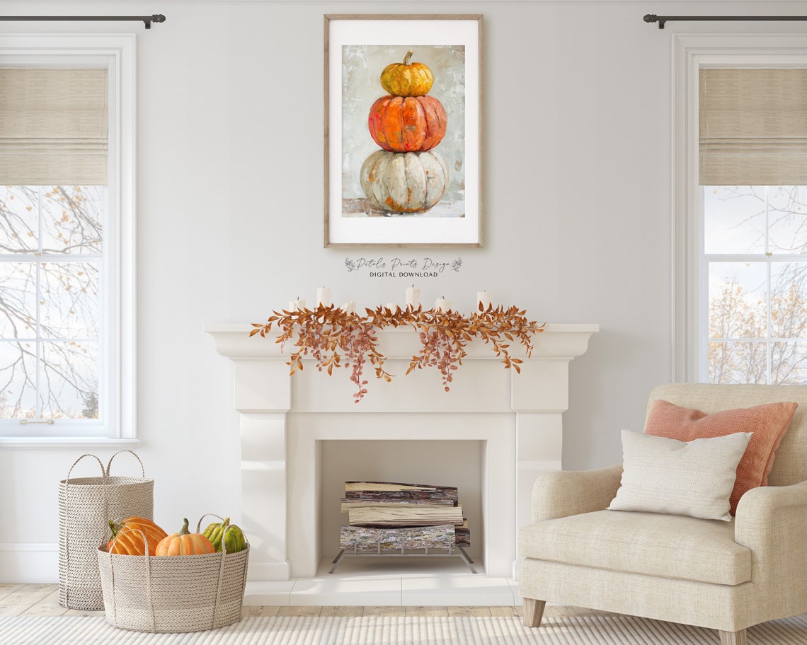 Stacked Pumpkin Tower Impasto Rustic Fall Harvest Decor Art Print - Image 3