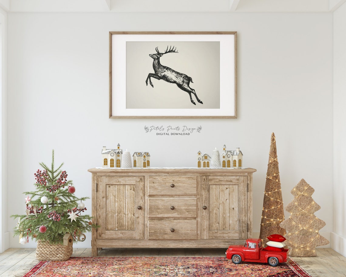 Leaping Stag Deer Ink Sketch Minimalist Wildlife Drawing Poster - Image 2