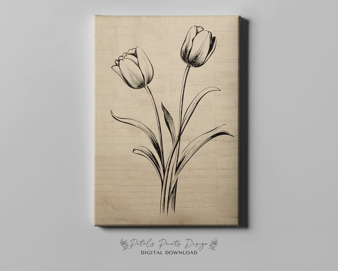 Tulip Ink Sketch on Vintage Book Page Botanical Line Art Poster - Image 4