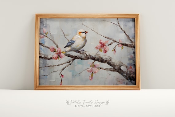 White Bird on Pink Cherry Blossom Branch Soft Blue Art Poster