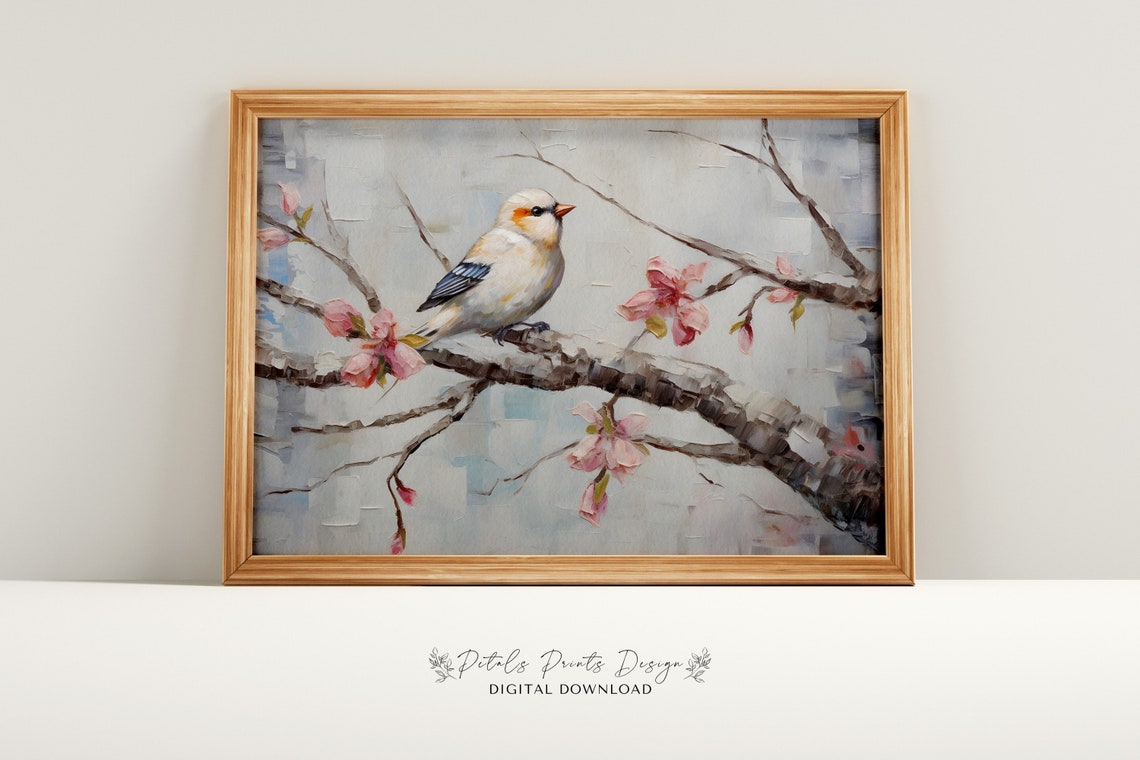White Bird on Pink Cherry Blossom Branch Soft Blue Art Poster