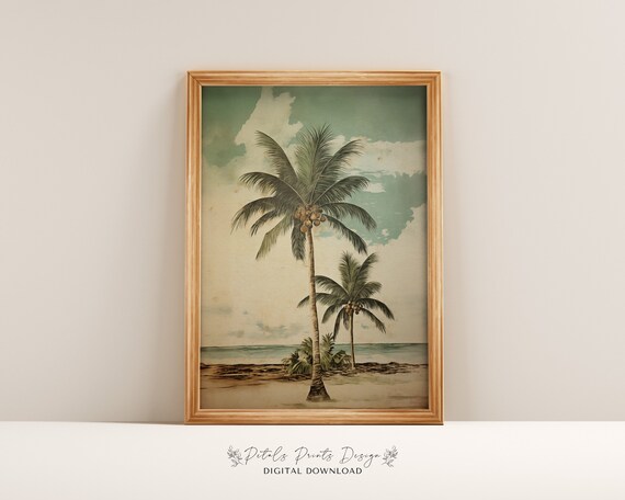 Vintage Coconut Palm Trees Beach Tropical Coastal Watercolor Poster
