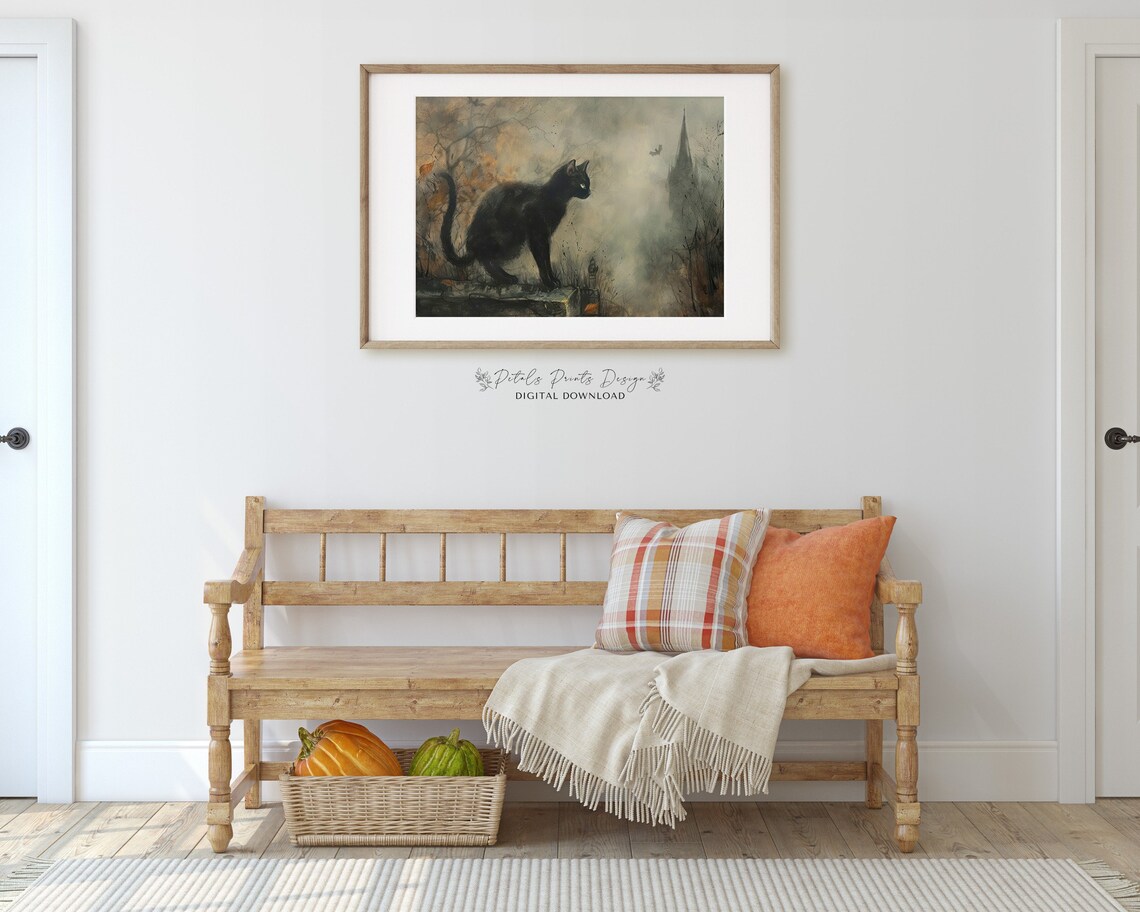 Black Cat In Foggy Graveyard Halloween Night Painting Poster - Image 3
