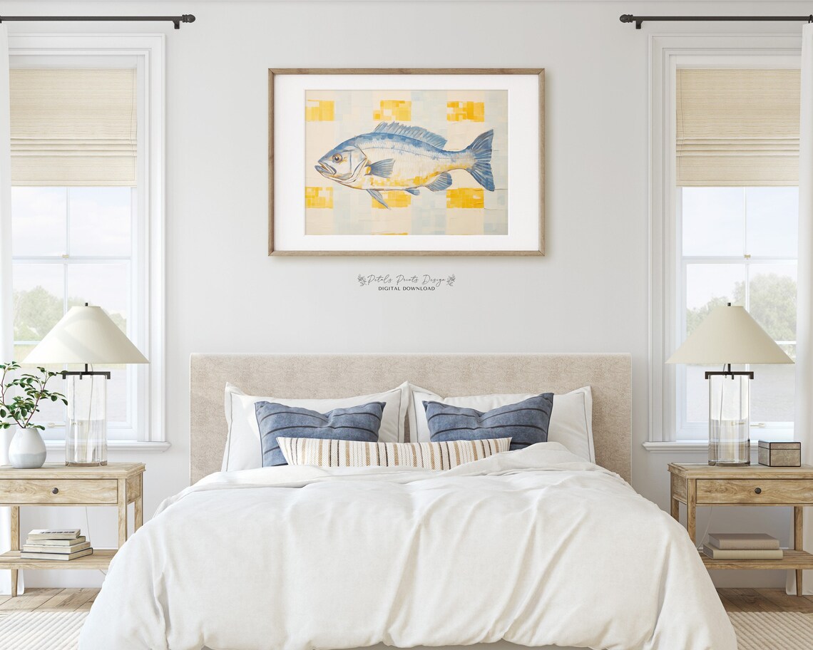 Blue and Yellow Mosaic Fish on Cream Modern Geometric Art Poster - Image 2