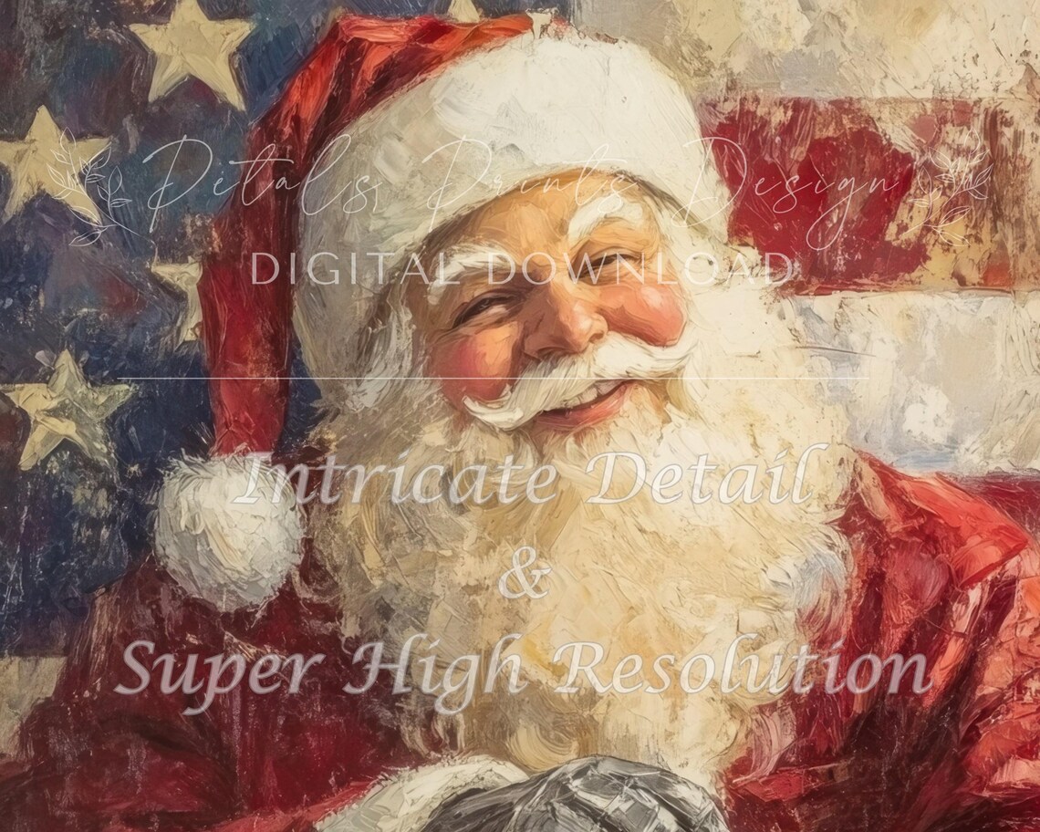 Patriot Santa Christmas Art Print, Rustic Vintage Holiday - Image 3