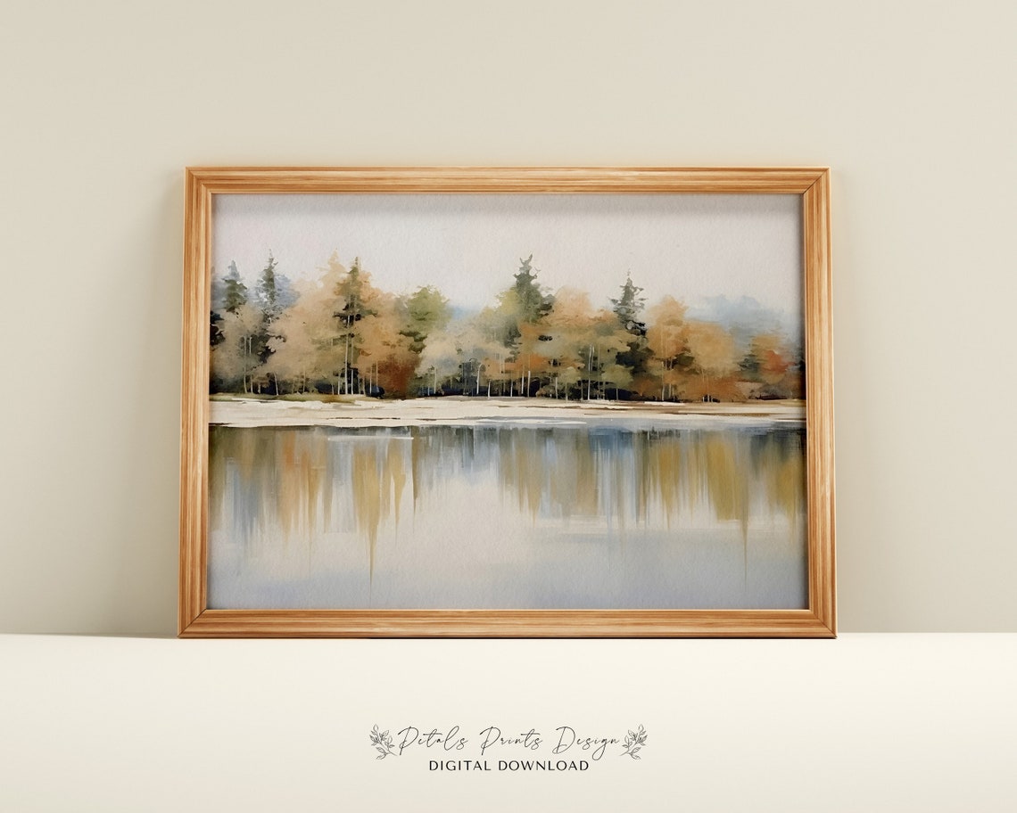 Golden Autumn Treeline Lake Reflection Warm Fall Watercolor Poster