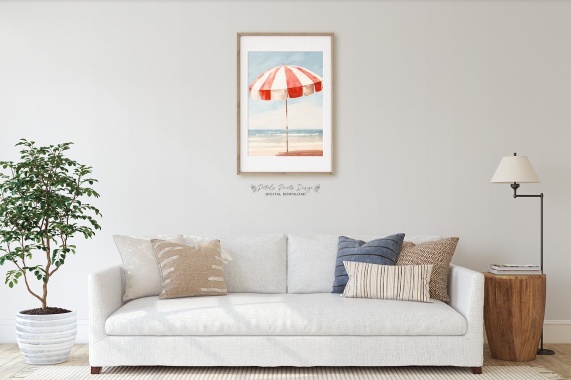 Red White Striped Beach Umbrella Ocean Summer Watercolor Poster - Image 2