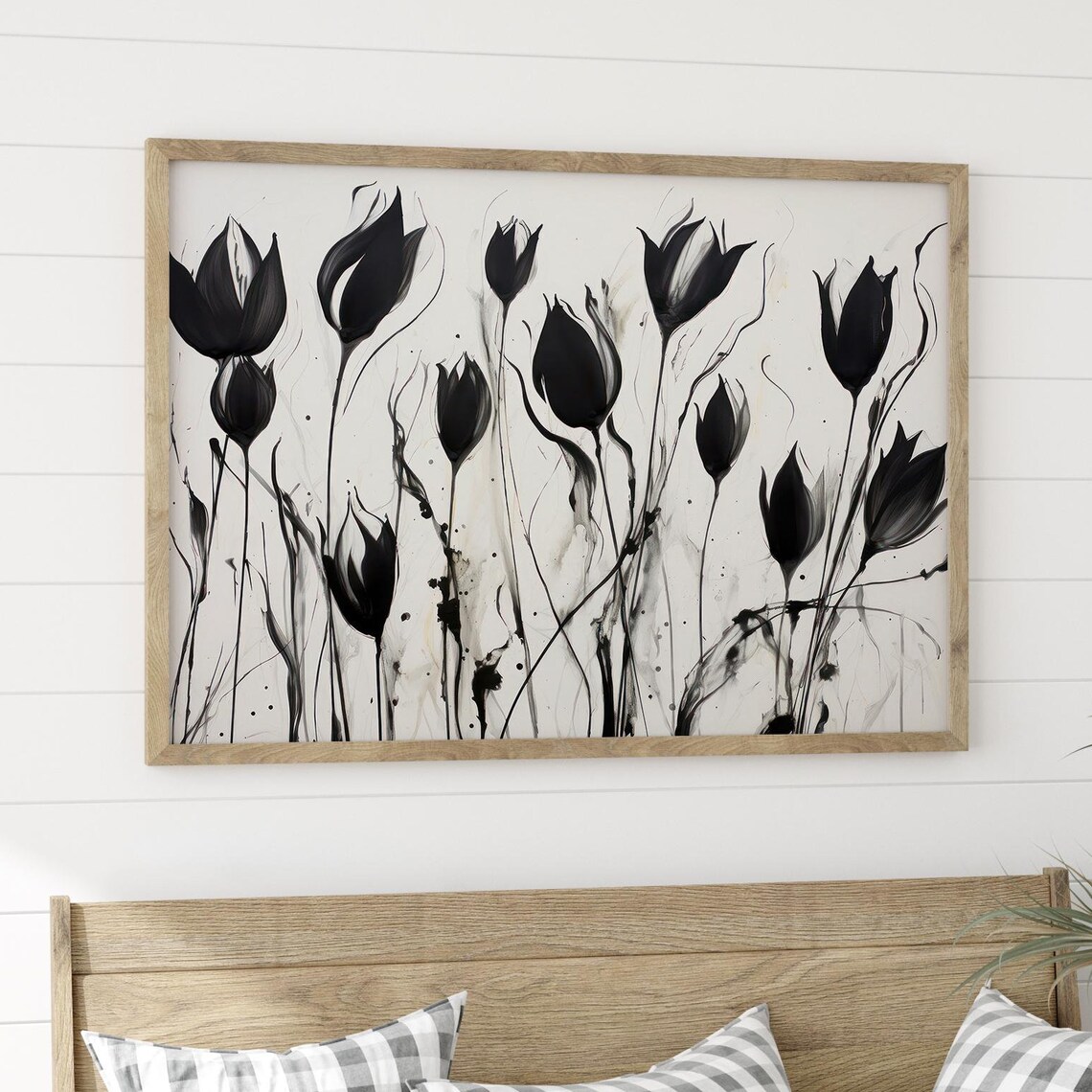 Black Tulip Silhouette Watercolor Floral Neutral Modern Poster