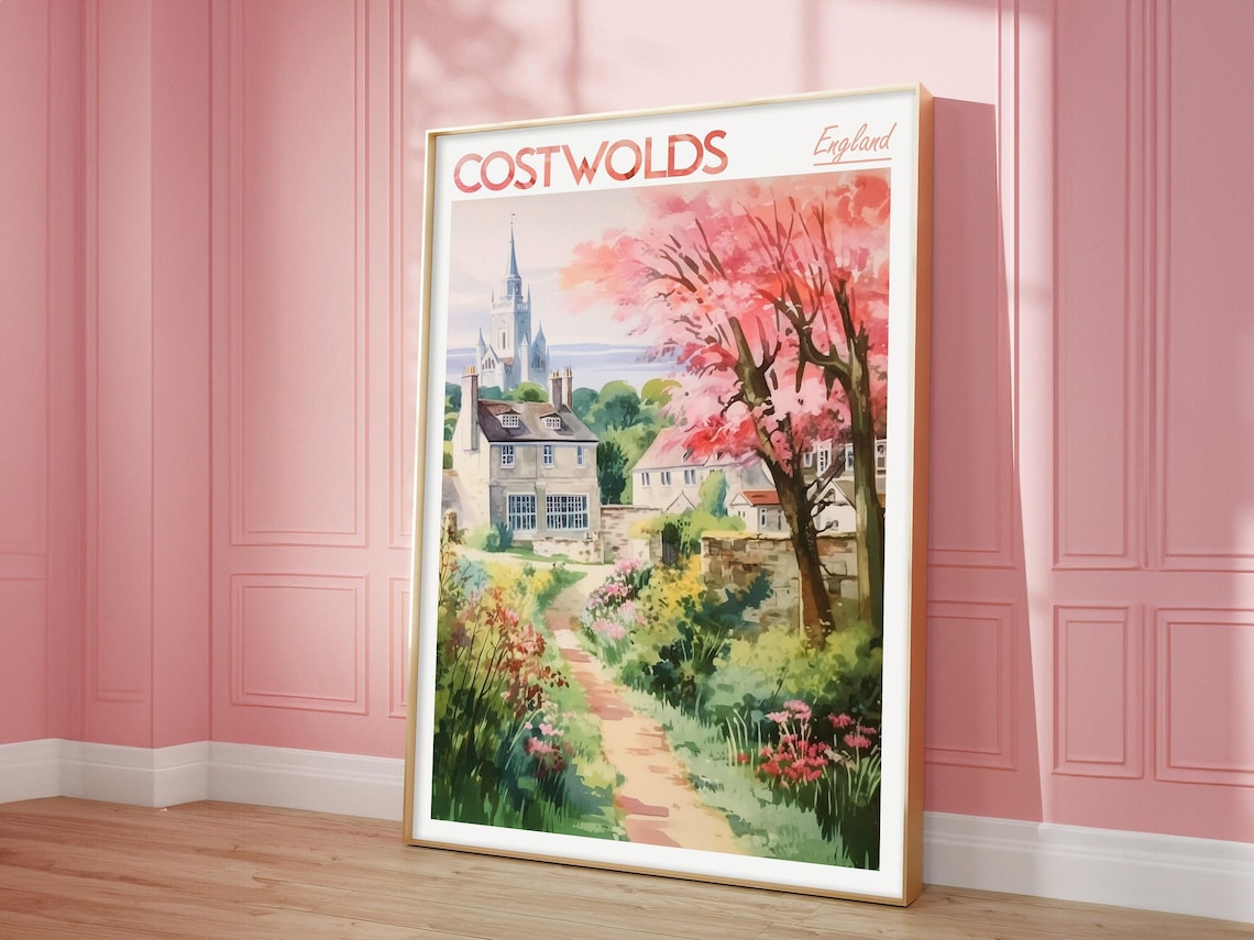 Cotswolds England Stone Village Church Spire Watercolor Travel Poster