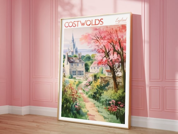 Cotswolds England Stone Village Church Spire Watercolor Travel Poster