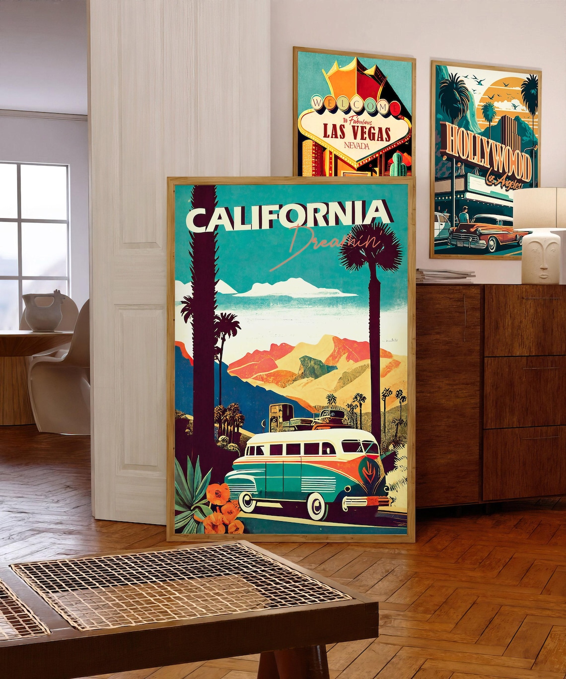 California Dreamin Retro Bus Palm Trees Vintage Travel Poster